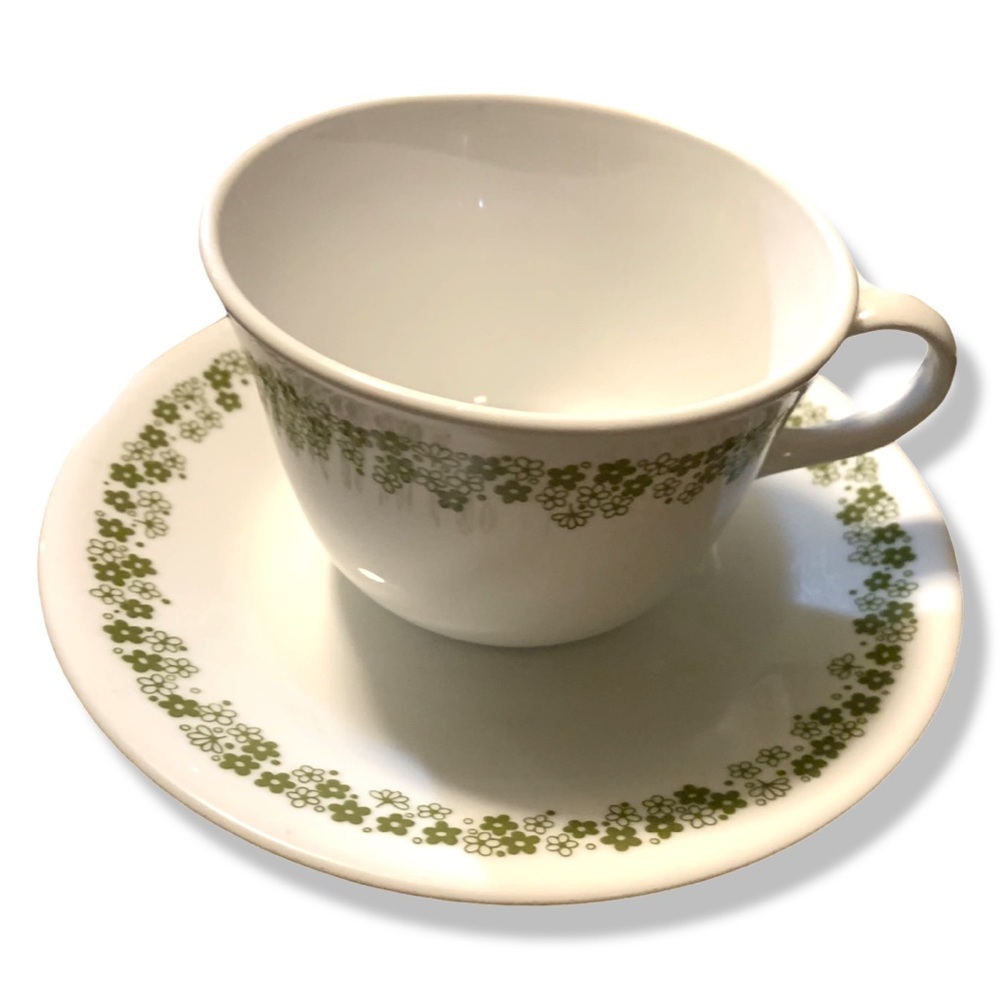 Tea Cup & Saucer Set,Corelle Spring Blossom Crazy Daisy,White & Green,Set(8)